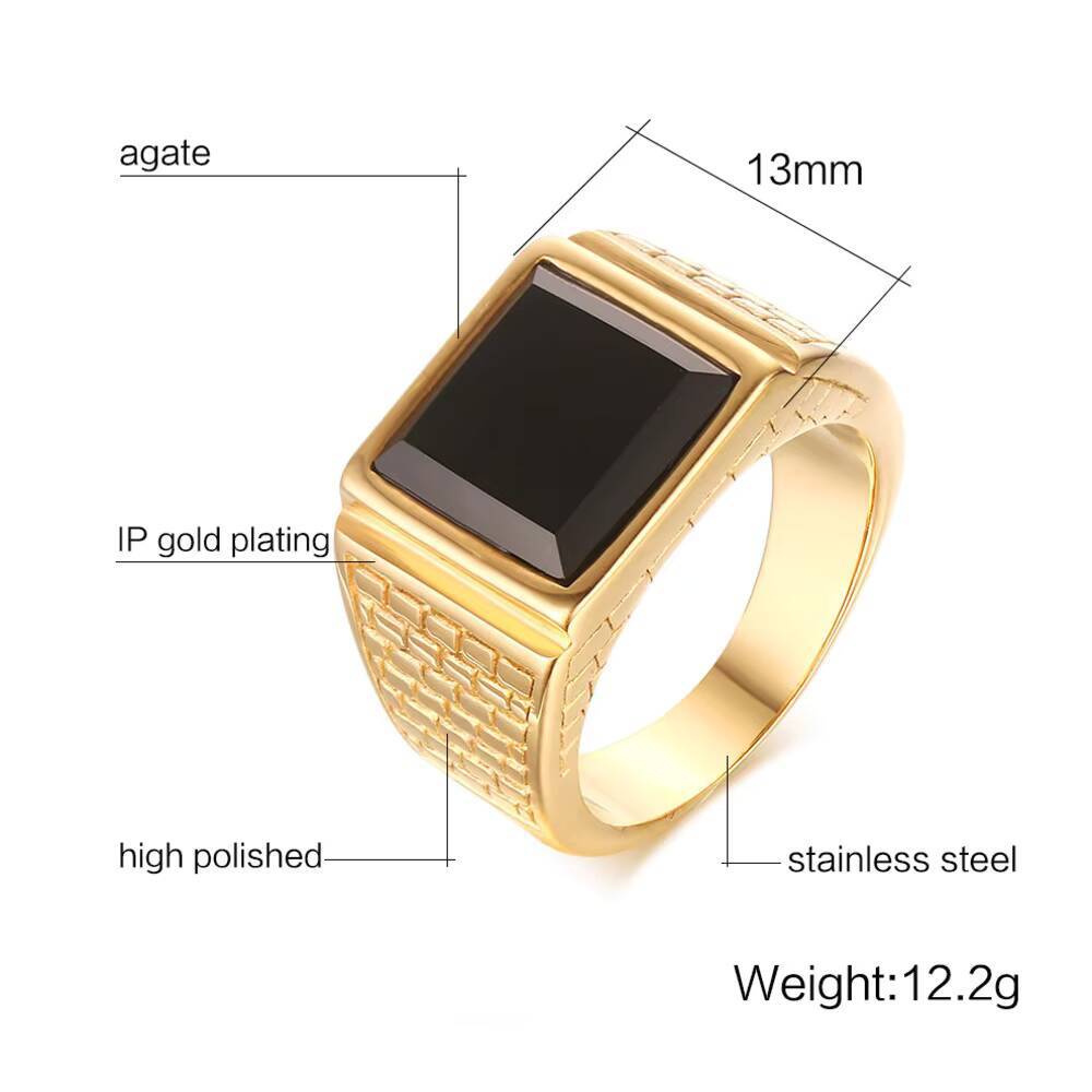 Vnox Stylish Gold Plated Rings for Men, Stainless Steel Geometric Square Stone Signet Ring, Punk Rock Cool Gifts for Him Jewelry