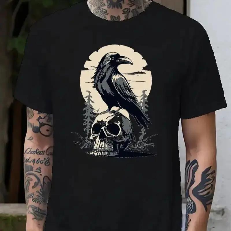 Skull And Crow Pattern Print Men's Creative Top, Casual Short Sleeve Crew Neck T-shirt, Men's Clothing For Summer Outdoor