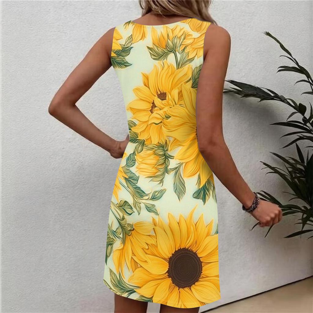 Robe d'été décontractée à fleurs pour femme, col rond, sans manches