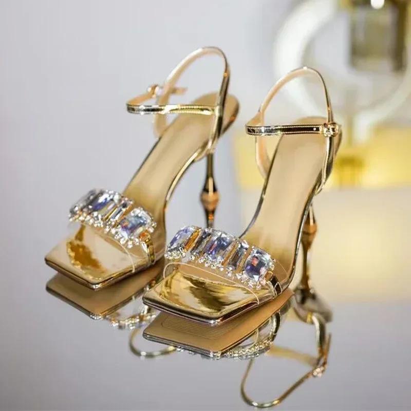 Fashion Gold Silver High Heels Sandals Women 2025 Summer Square Toe Shiny Crystal Sandals Woman Ankle Straps Thin Heel Party Pumps Shoes