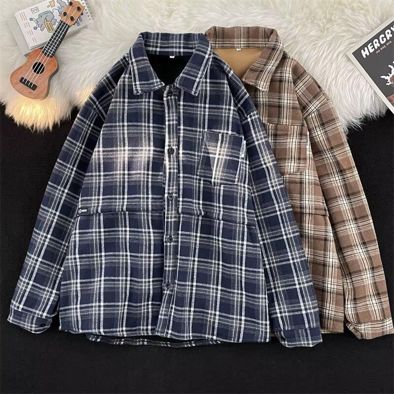 Japanese-Style Retro Cityboy Velvet Padded Shirt Autumn and Winter Boys' College Style Thickened Couple Warm Plaid Shirt