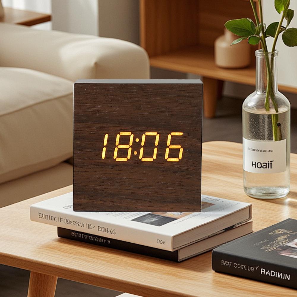 Wooden Clock Electronic Wood Clock Square Clock Sleeping Small Alarm Clock Smart Digital Clock