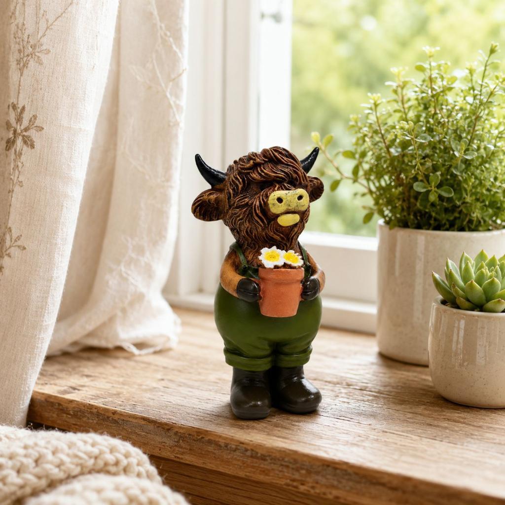 Cow Resin Figurine Holding Flower Pot with, Cute Animal Statue for Home Shelf Decor