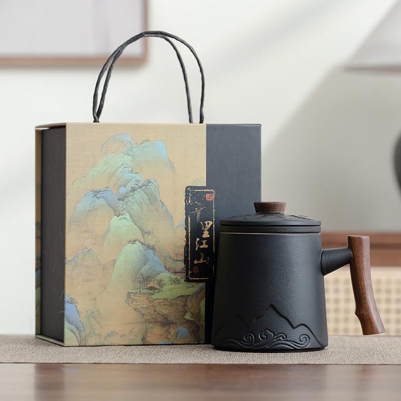 Tea set gift Printed coarse pottery office cup Practical tea separation mug High-end business souvenir