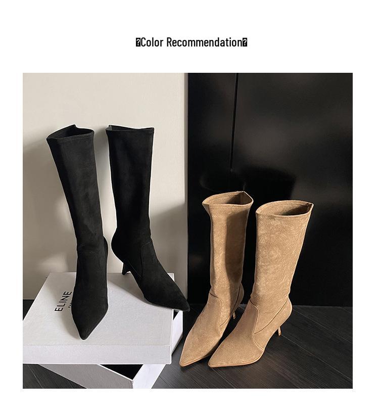 Song Xixi Apricot High Heel Slouch Cowboy Ankle Boots - Versatile Mid-Calf Stiletto for Women