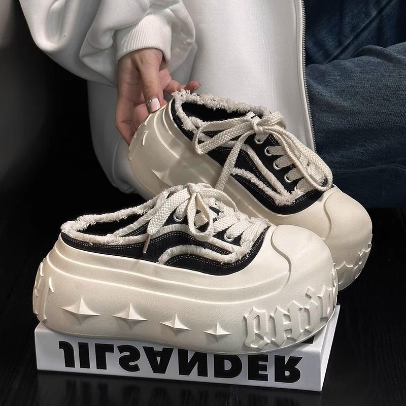 Denim Lace-up Bread Shoes Spring and Summer Muffin Thick-soled Bag Head Half Slippers Women's Height-increasing Casual Sports Shoes Outer Wear