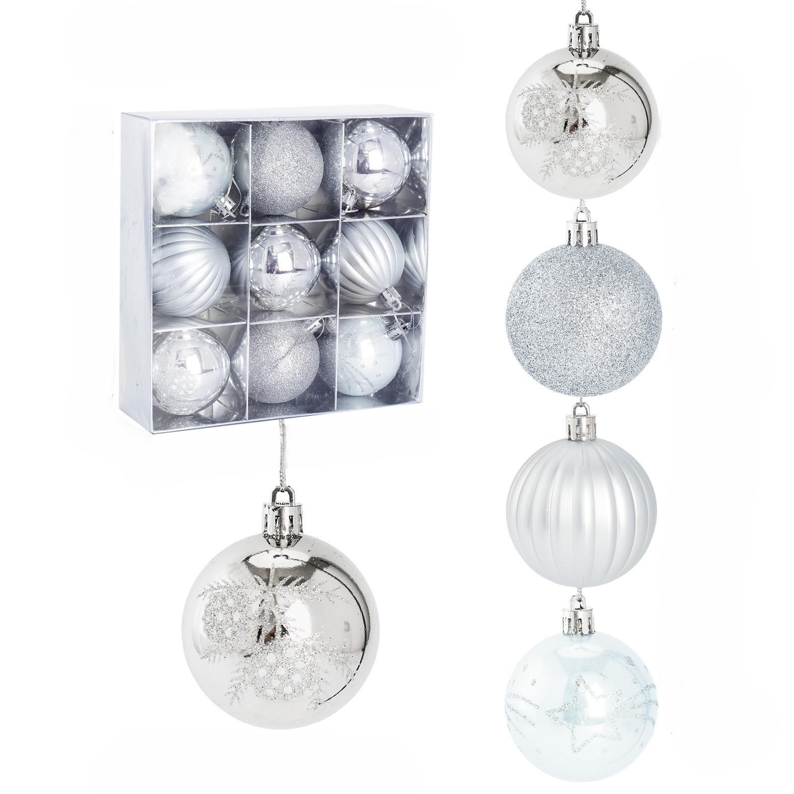

Set of 9 Christmas Baubles with Glitter and Patterned Pinecone Designs for Festive Tree and Seasonal Home Decoration серебряный