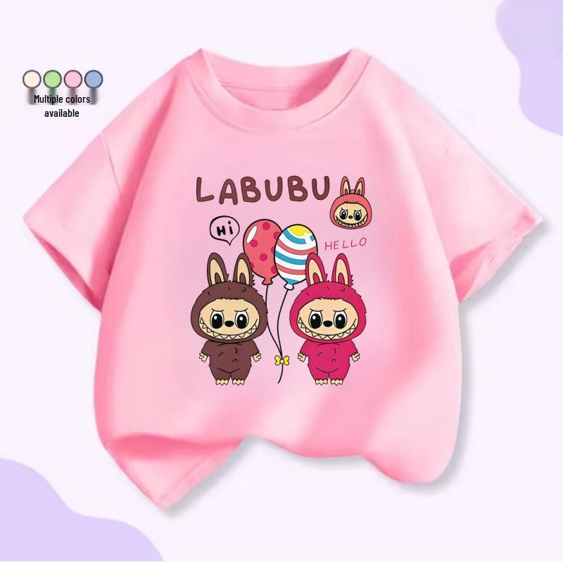 LABUBU Cartoon Print Kids' Short Sleeve T-shirt for Summer - Unisex Round Neck Top