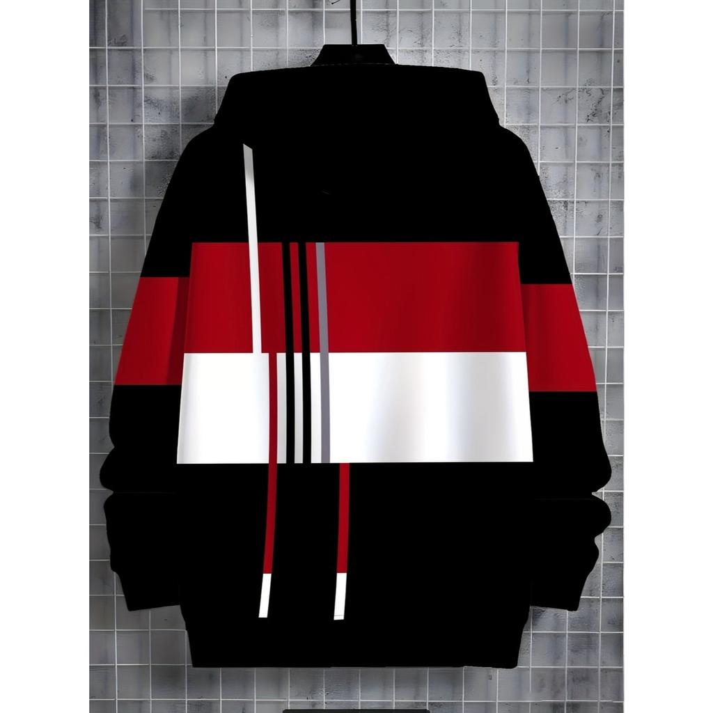 Trendy cool red black and white contrasting digital printed hooded sweatshirt for streetwear men