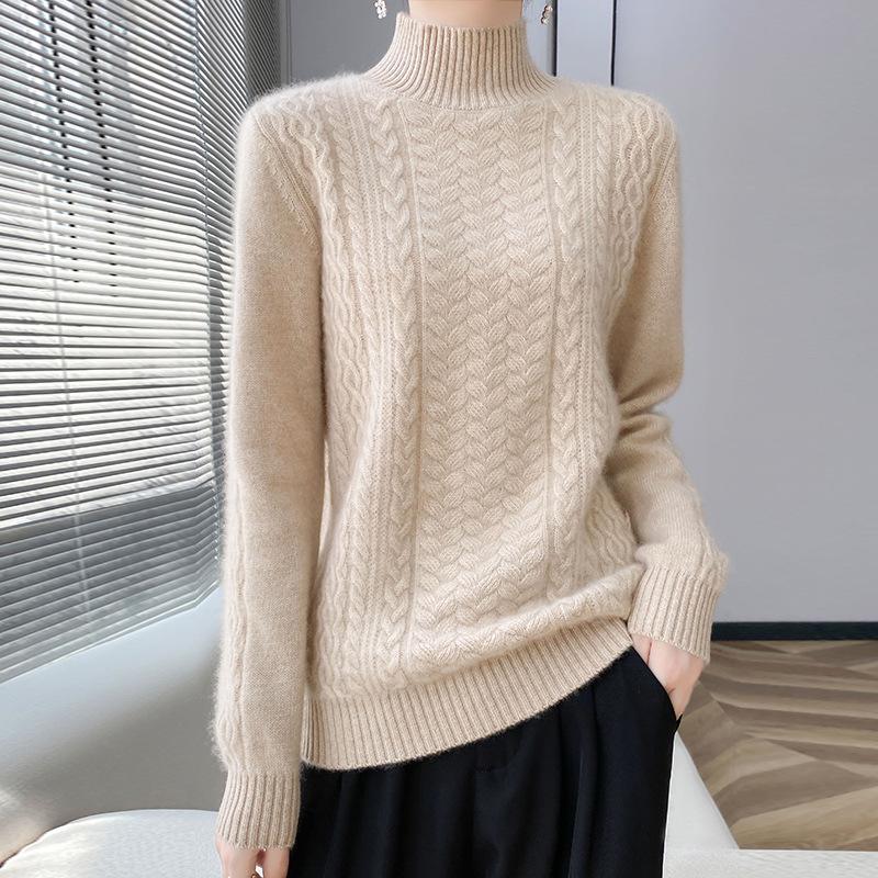 Women's Thick Basketweave Knit Pullover - Autumn/Winter, Half-High Neck, Long Sleeve, Elegant Base Layer.