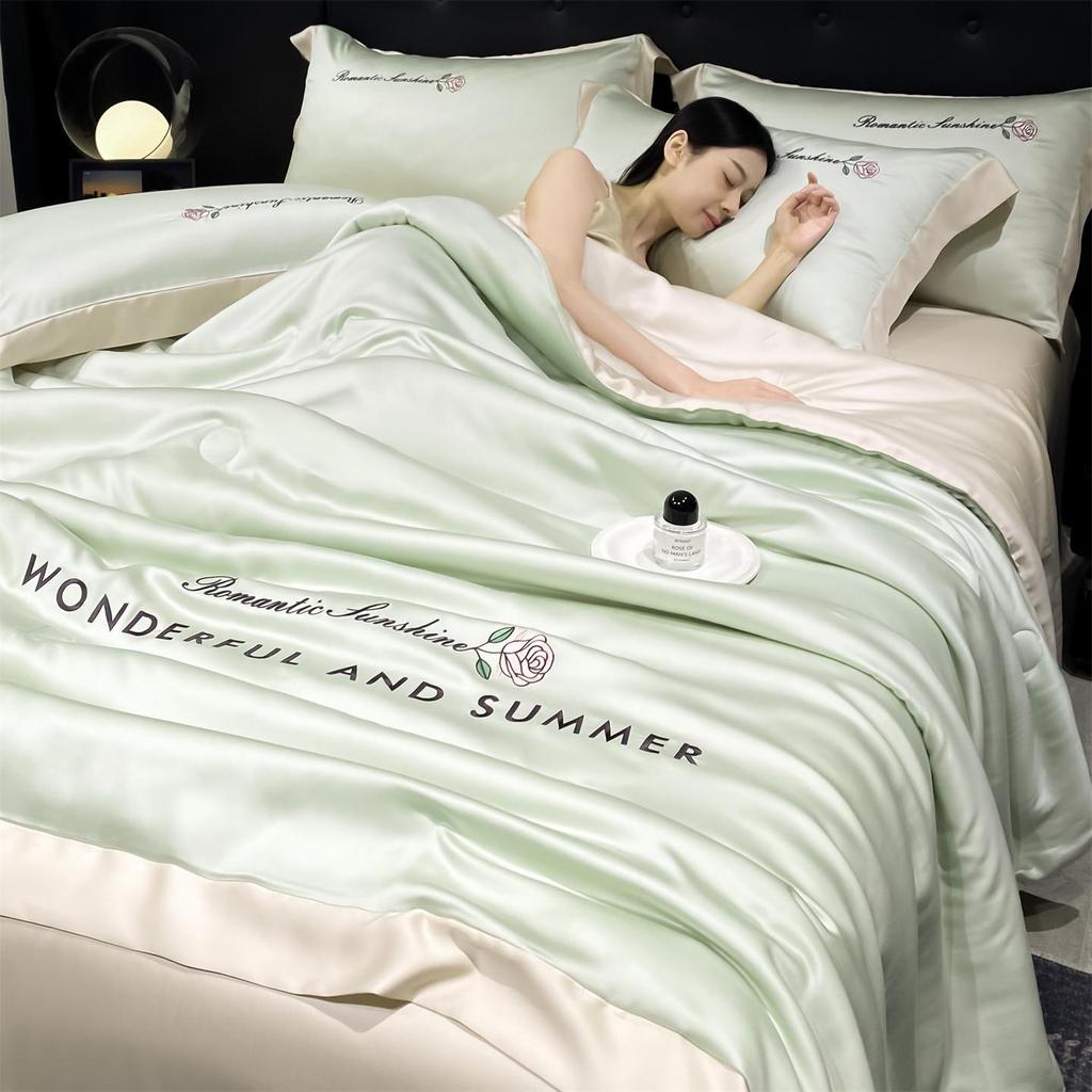 Luxury Washable Ice Silk Summer Quilt Set - Cool, Embroidered, Lightweight Four-Piece Bedding for Air Conditioning