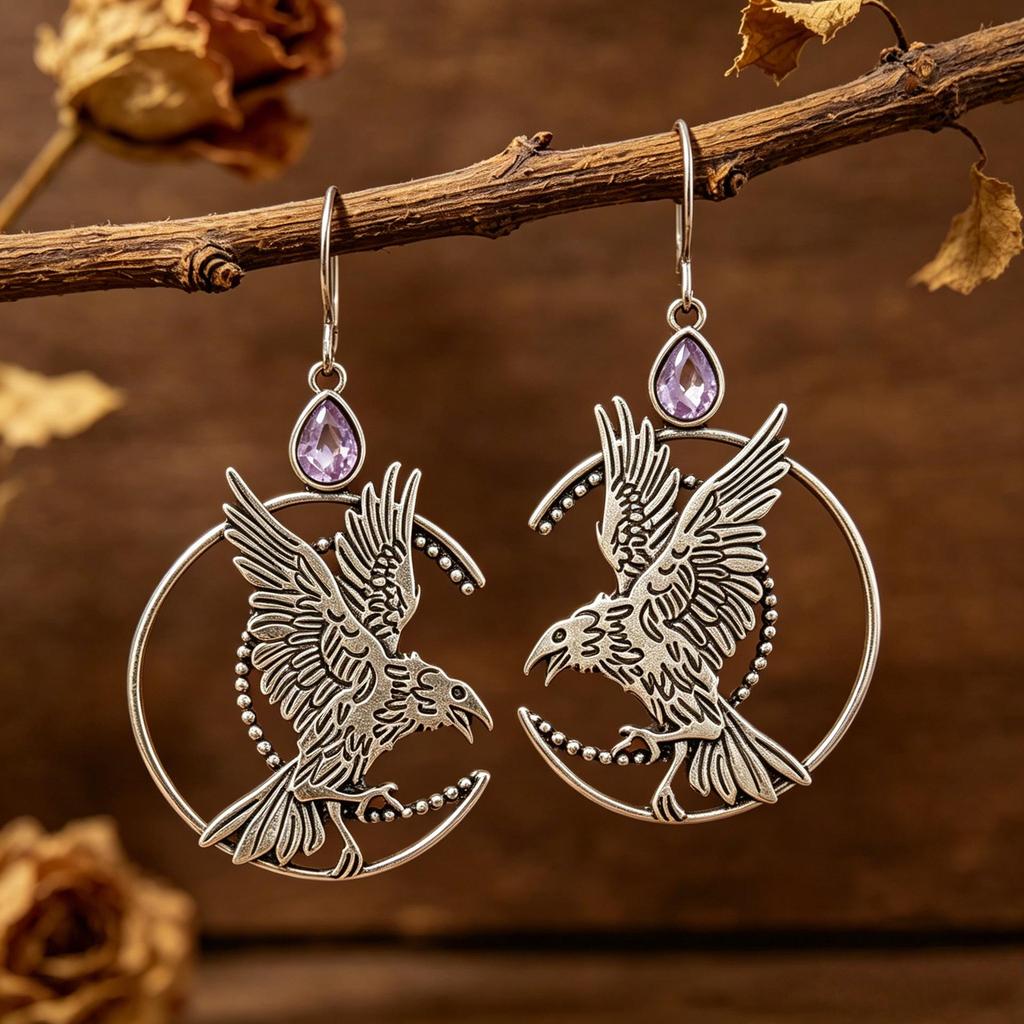 Retro Distressed Silver Raven Crescent Moon Gothic Earrings