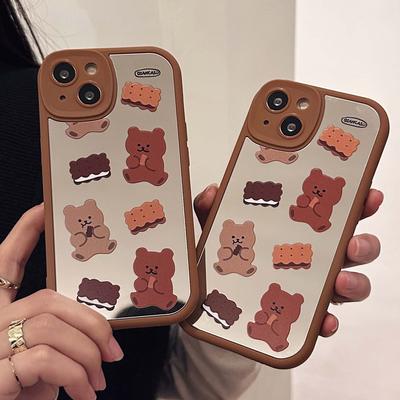 Ins Biscuit Cartoon Shell For Iphone 11 12 Promax 14 Pro Max Plus Xsmax Xr X 13 Retro Bear Cute Phone Case Mirror Cover Conque