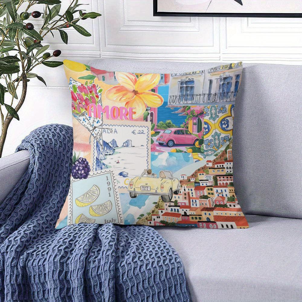 Italian Town Walk Square Jacquard Pillow Cover for Sofa Office Waist Cushion Cover Home Decorative Pillowcase