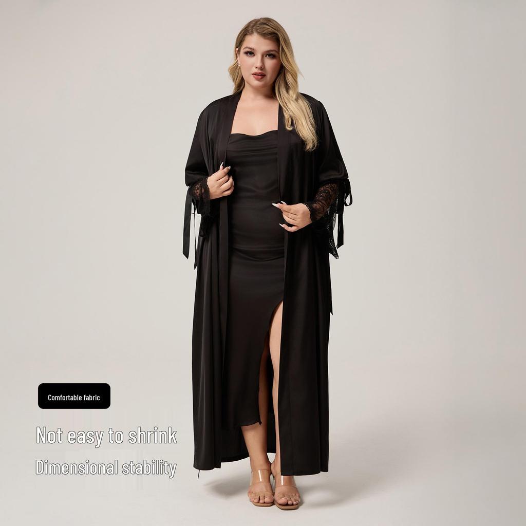 Yaoting Satin Chiffon Spitzenbesatz Übergröße Damen Morgenmantel - Langarm Frühling/Herbst Pyjama, CP3815