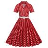 Damen Lapel Kurzarm Maxikleid A-Linie Mittlere Taille Gepunktetes Schwingkleid Vintage Freizeitkleid Mit Gürtel