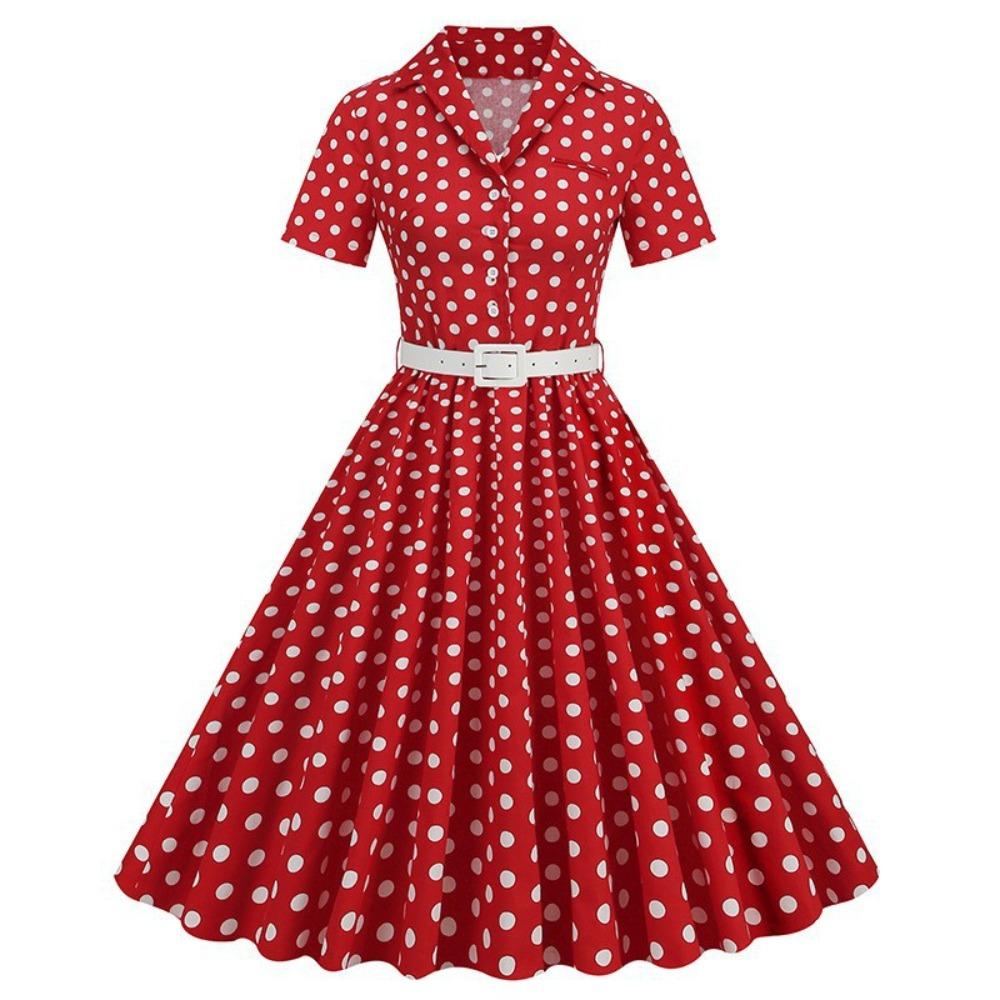 Damen Lapel Kurzarm Maxikleid A-Linie Mittlere Taille Gepunktetes Schwingkleid Vintage Freizeitkleid Mit Gürtel