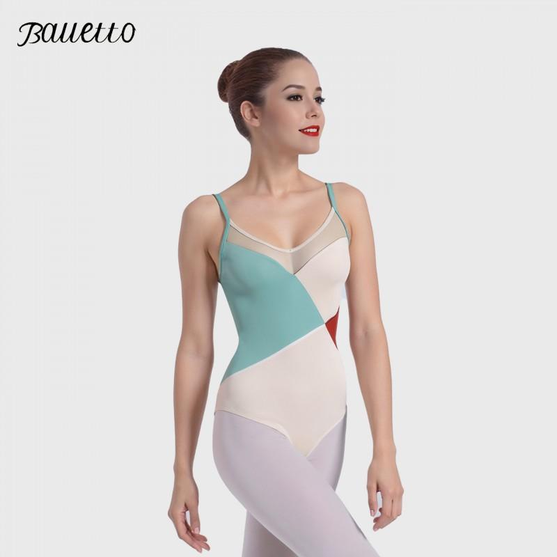 Womens High-Stretch Color-Block Ballet Leotard With Spaghetti Straps Dance Practice Performance