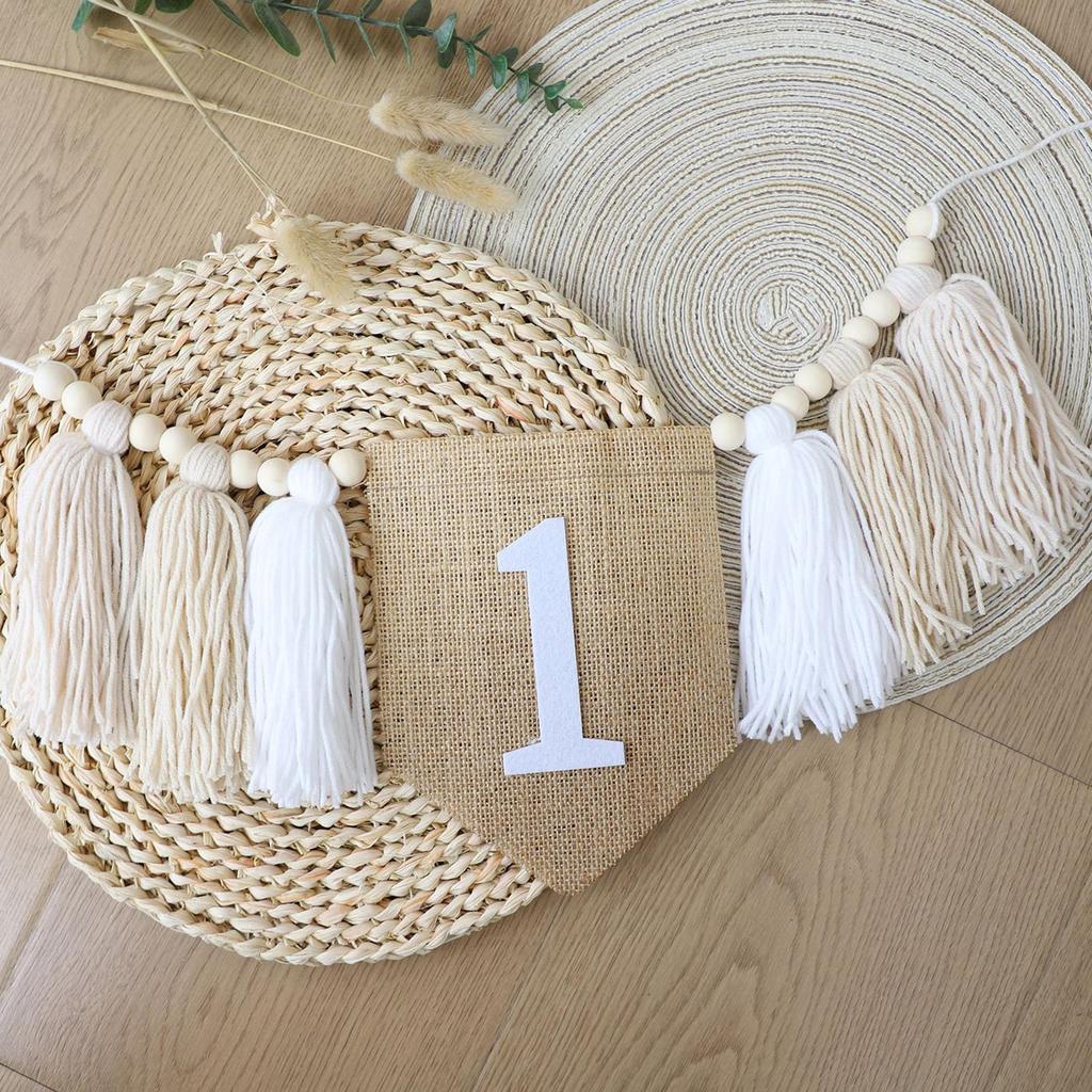 1 Year Old Birthday High Chair Banner Wood Bead Tassel Decoration for Baby Shower Themed Party Supplies