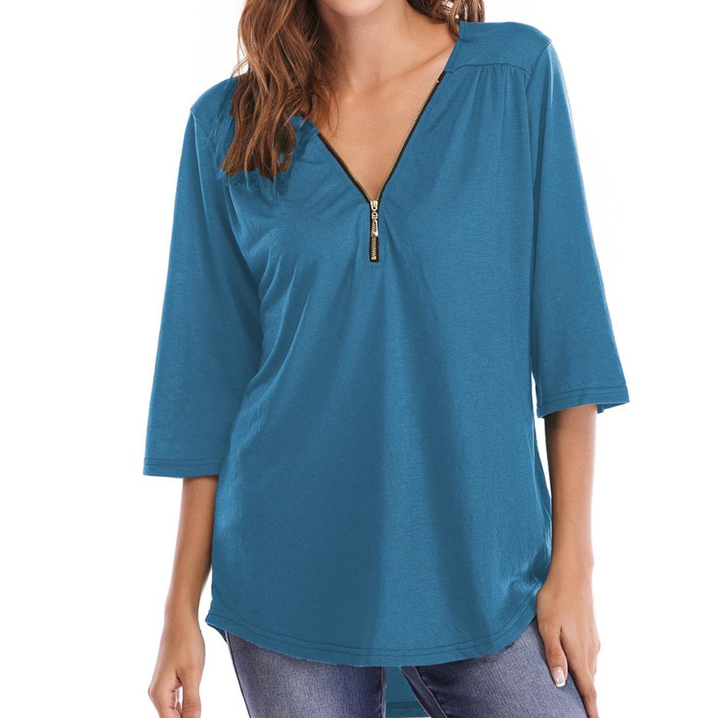 Ladies' Loose Comfortable Casual And Fashionable Pleated Zipper Loose Half Sleeved T-shirt Top