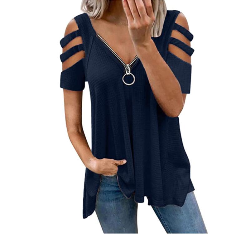 MAITA Womens Fashion Summer Clothes Casual Off Shoulder Short Sleeved Tops Deep V-neck Zipper Blouses Ladies Solid Color T-shirt Loose Shirts