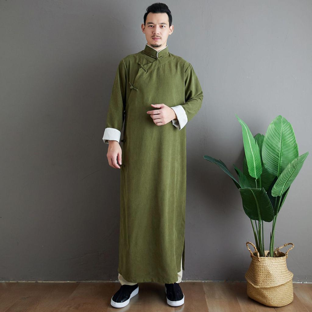 Ma Fan Men's Chinese Tang Suit Satin Long Robe: Snowflake Pattern, Stand-Up Collar, Roll-Up Sleeves, Solid Color