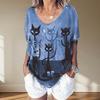 Black Cat Painting Blouses Short Sleeved V-Neck T Shirts Casual