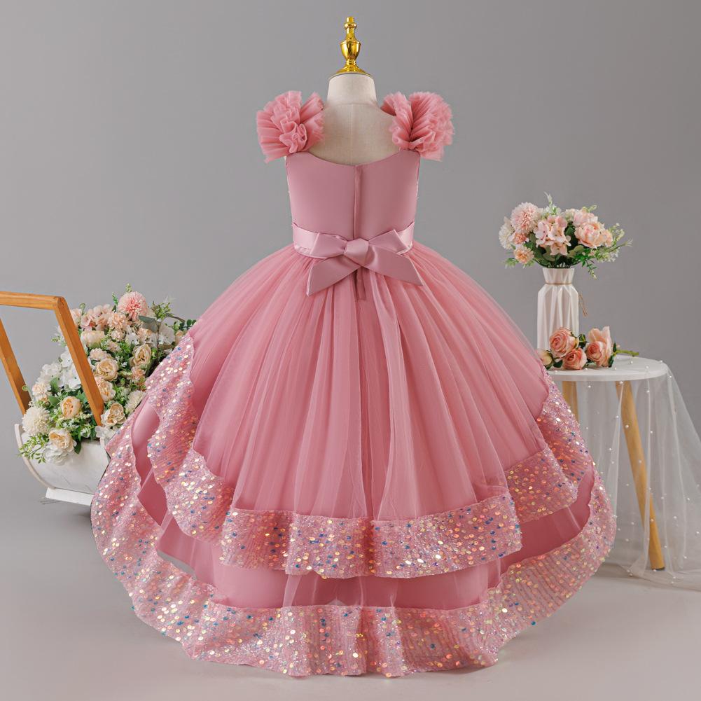 Pailletten-Prinzessinnenkleid: Formelles Kleid für Mädchen für Geburtstage und Partys – Schleife, Pailletten, Trägerlos, Schleppe