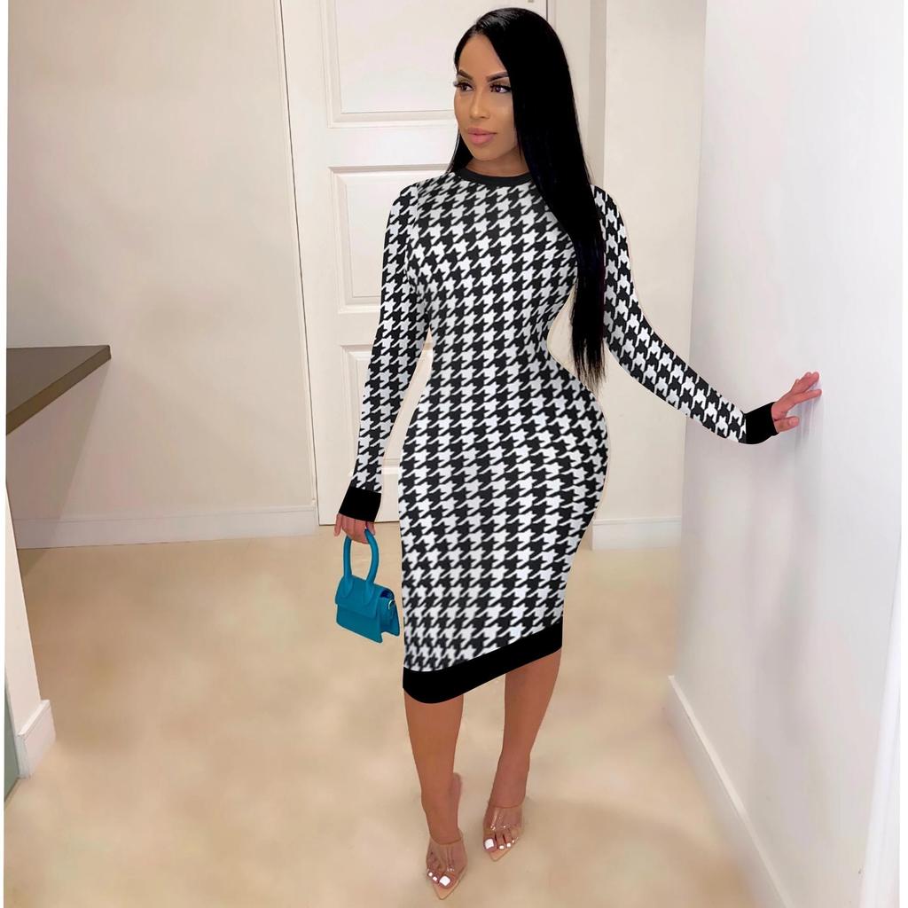 H208 European Spring/Autumn Women's Long Sleeve Irregular Print Dress
