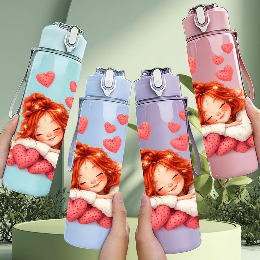 1PC Little Girl Lying With Floating Hearts Print 750ml Color Plastic Sports Water Bottle Leakproof Flip Straw Lid Suitable for Sports Office Home Use
