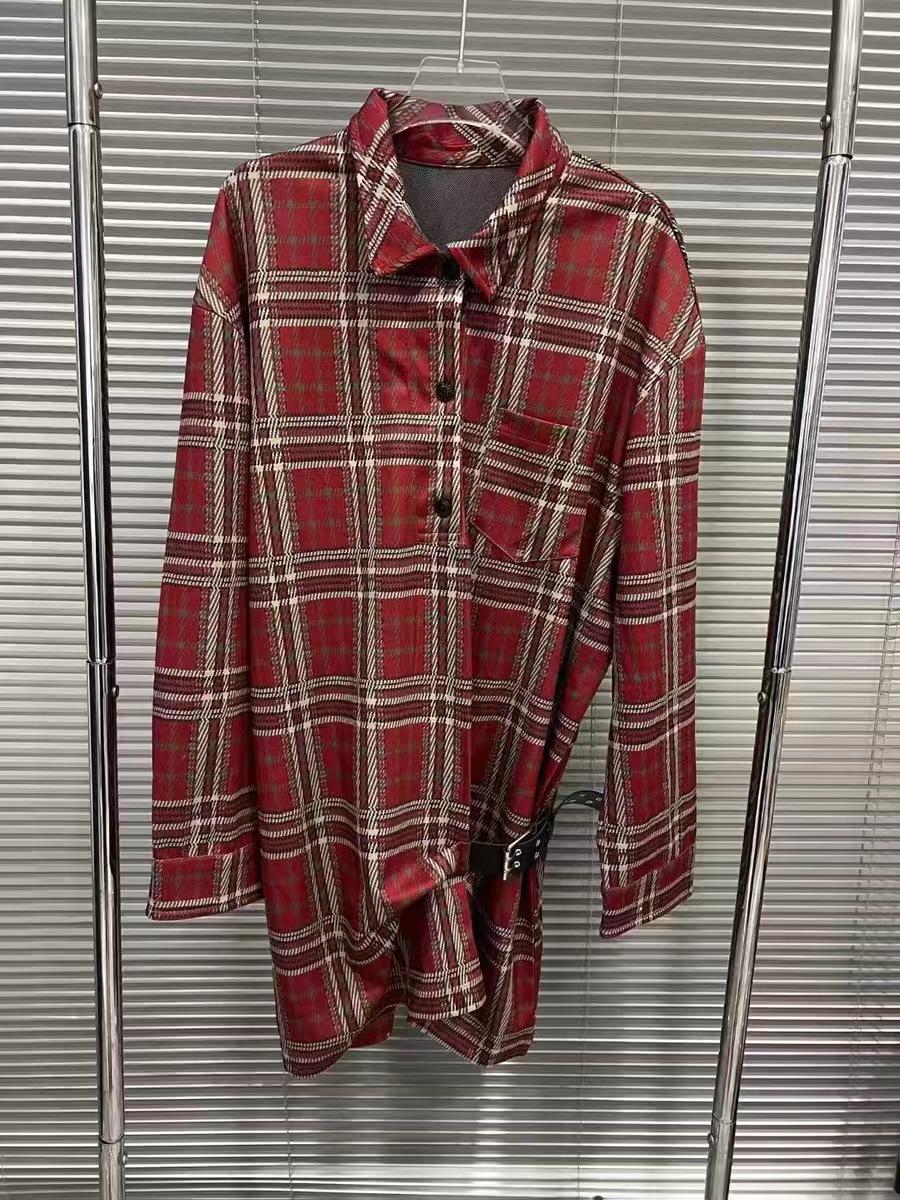 Ouyang Nana Style Red Plaid Buckle Waist Cinched Slimming Shirt Dress M