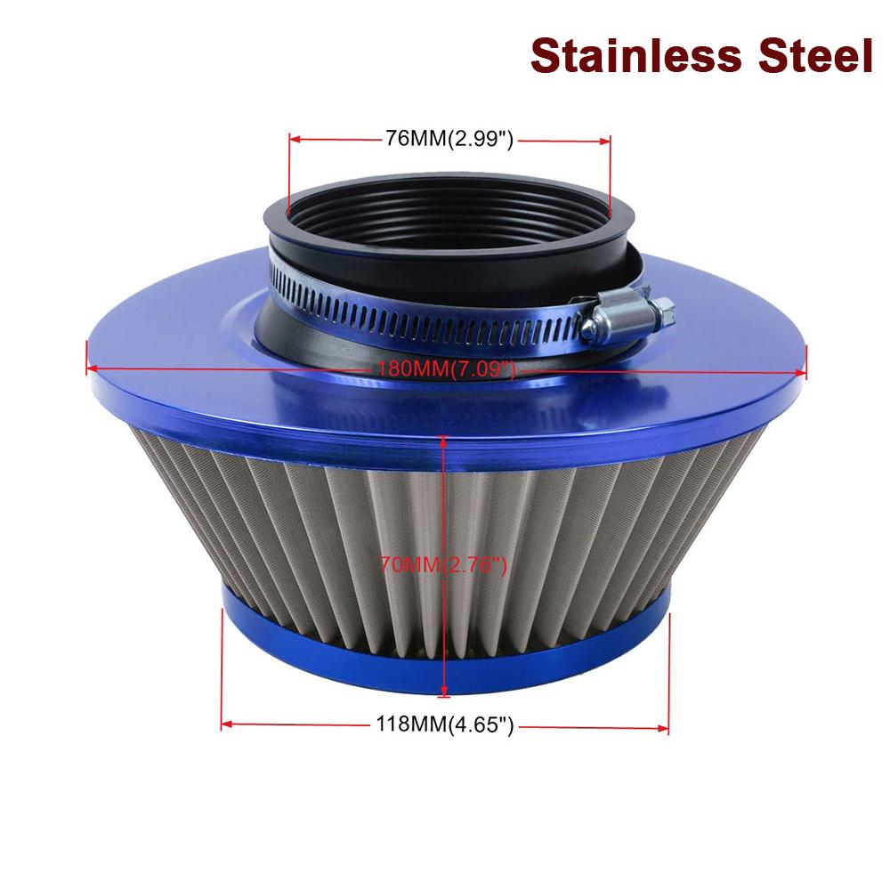 New 76MM Iron Stainless Steel Sports High Power Flow Cold Air Filter Universal Car Cone Air Intake Filter Induction Kit OFI073