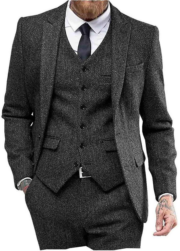 Men's Slim Fit Herringbone Three-Piece Suit for Business, Banquets, and Weddings