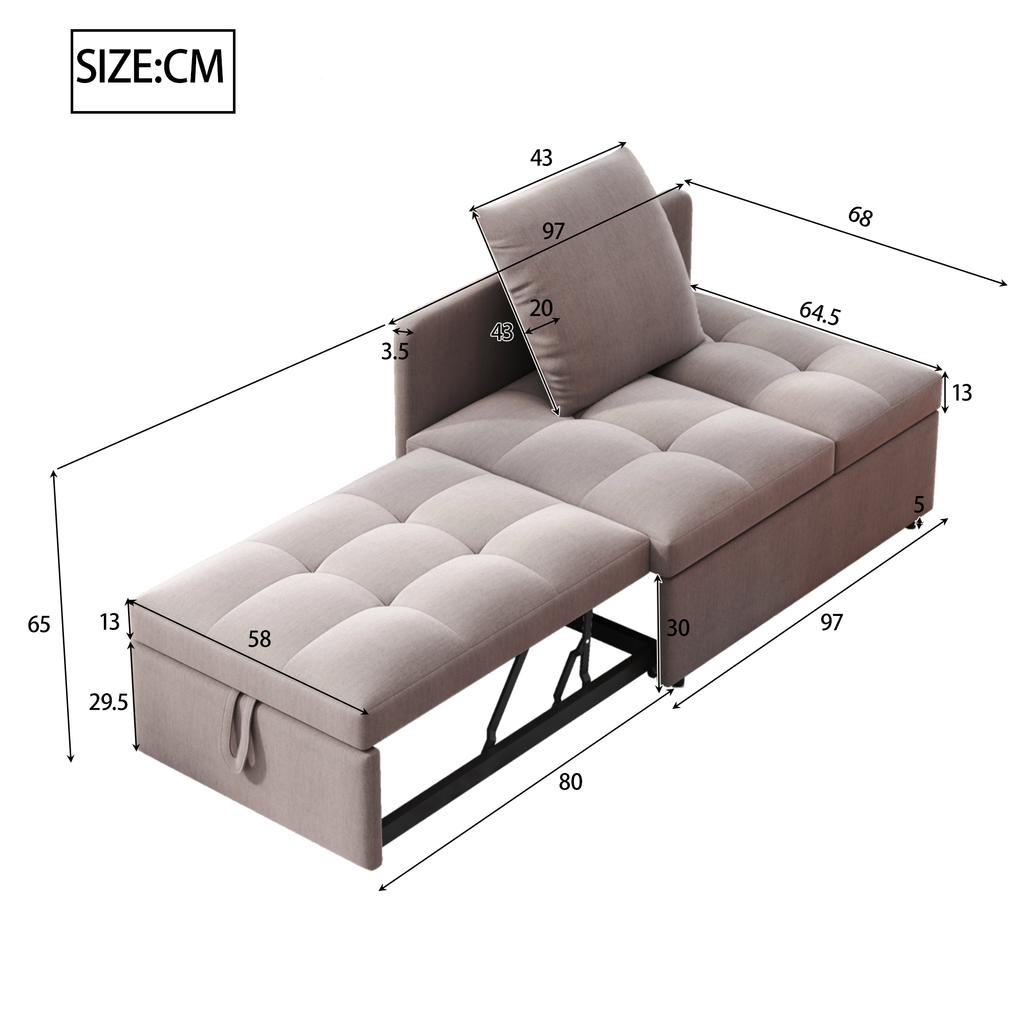 Upholstered Bed Sofa Bed 3 In 1 Multifunctional Sofa Bed, Linen Fabric Sofa with Adjustable Backrest, Lounge Sofa for Small Spaces