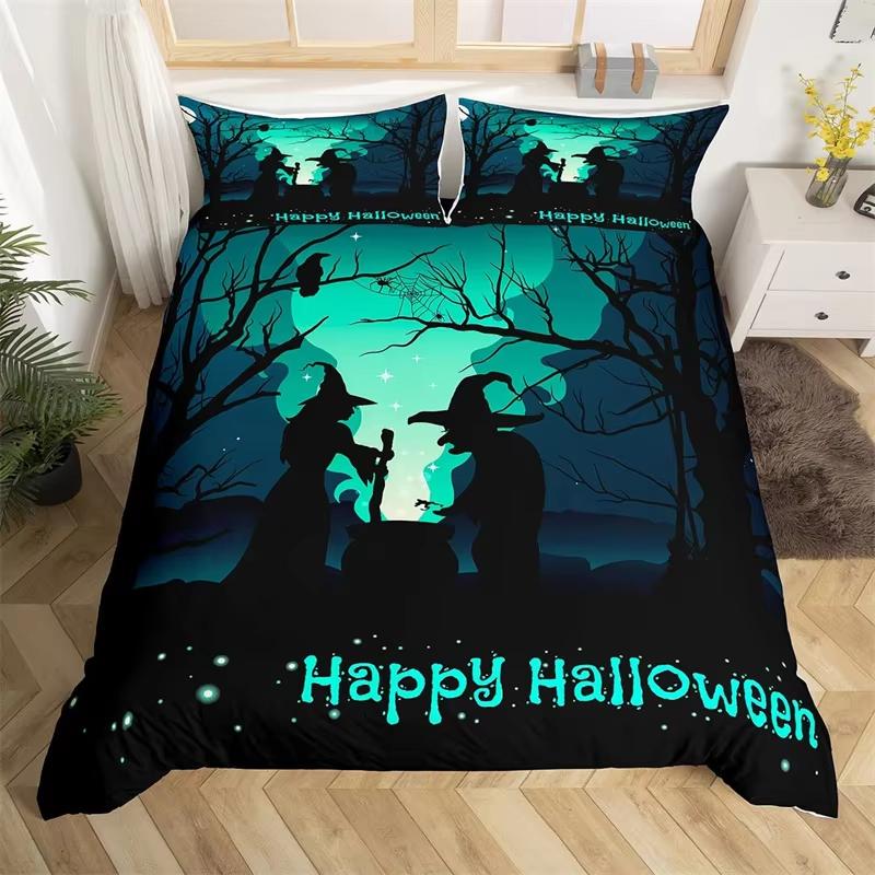 Kids Pumpkin Lantern Duvet Cover Set Twin King Halloween Bedding Set Microfiber Witch Mystery Graveyard Printt Comforter Cover