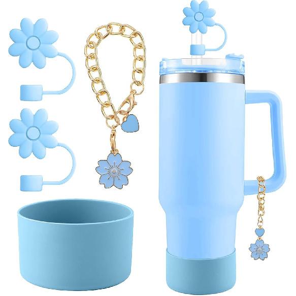 Accessories for Stanley Cup Set,2Pcs Flower Straw Cover Caps 10mm Reble Brown Straw Toppers,1Pcs Cute Handle Charm and 1Pcs Silicone Boot Sleeve for