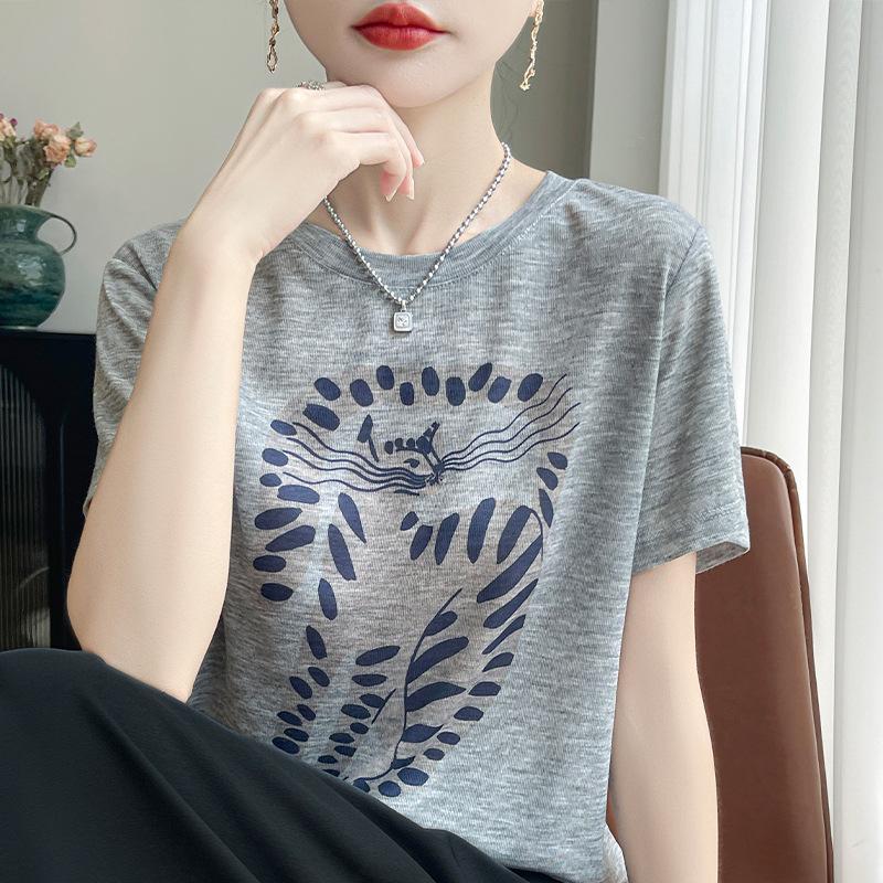 Summer Lyocell Ladies Crew Neck Loose Print T-Shirt Casual Short Sleeve Versatile Top