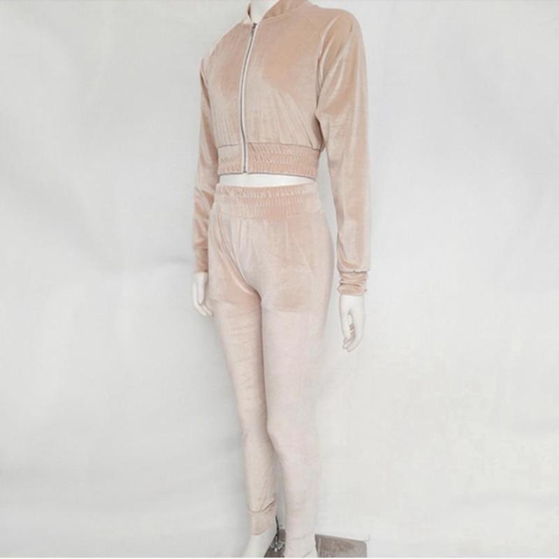 Conjunto de dos piezas de terciopelo de moda urbana para mujer, pantalones casuales sólidos con cremallera y cuello redondo, trajes de pantalón de 2 piezas para mujer, conjuntos de pantalones deportivos ajustados para mujer 25834