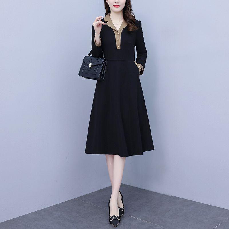 Women's Korean-Style Slimming Stylish Tailored Waist-Cinched Long Dress Fashion Casual Patchwork Solid Color Long-Sleeve Dress