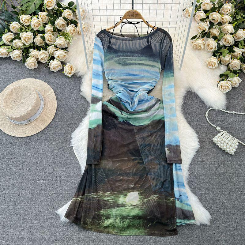 Spring and Autumn Retro Sexy Long Sleeves Suspender Skirt Mesh