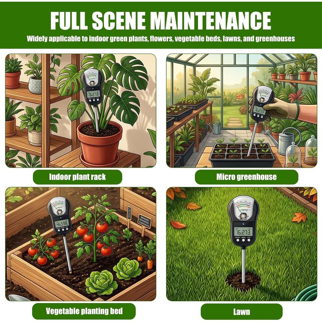 Portable 7-in-1 Soil Moisture Meter, Dual Display Plant Tester with 90° Adjustable Head, Measures Moisture/pH/Fertility/Light/Soil & Air Temp/Humidity