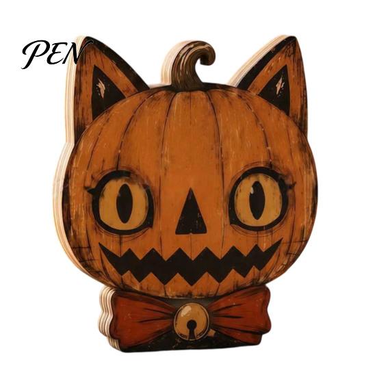 Creative Home Art Decor Halloween Wooden Ornaments, Distressed Pumpkin/Cat Decorations, Desktop & Wall Atmospheric Retro Interior Ornaments Decors for