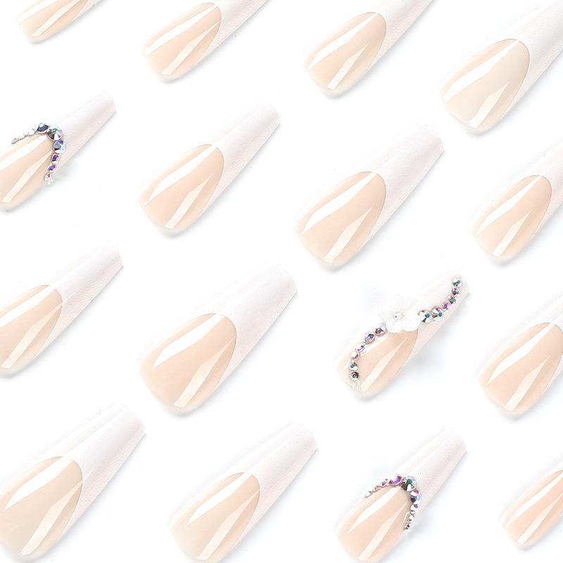 Nail art piece Long white French wearable nail sticker Three-dimensional white flower rhinestone wearable nail piece Finished product