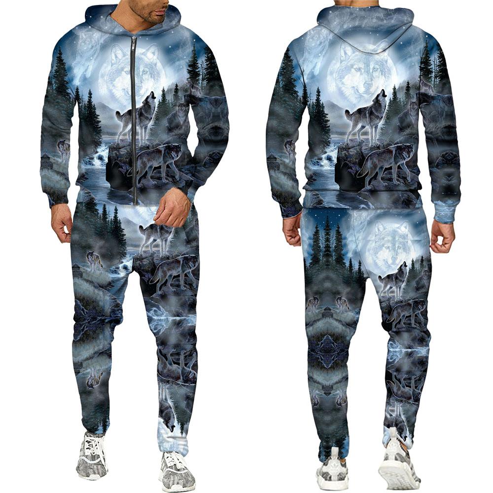 Dragkedja Luvtröja Träningsoverall Herr Kvinnor 3D-tryck Varg Lösa Par Luvtröjor +byxor Casual Hip Hop Streetwear Sweatshirts Kostymer