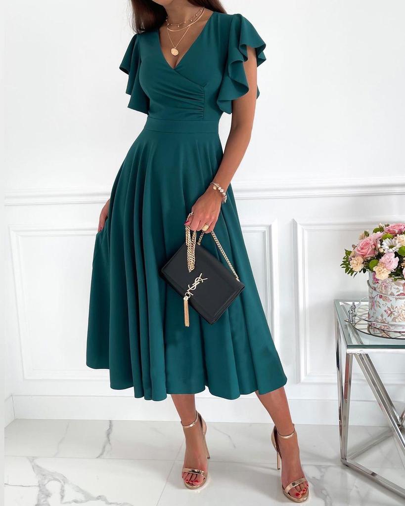 2023 European & American V-Neck Ruffle Sleeve Casual Party Dress