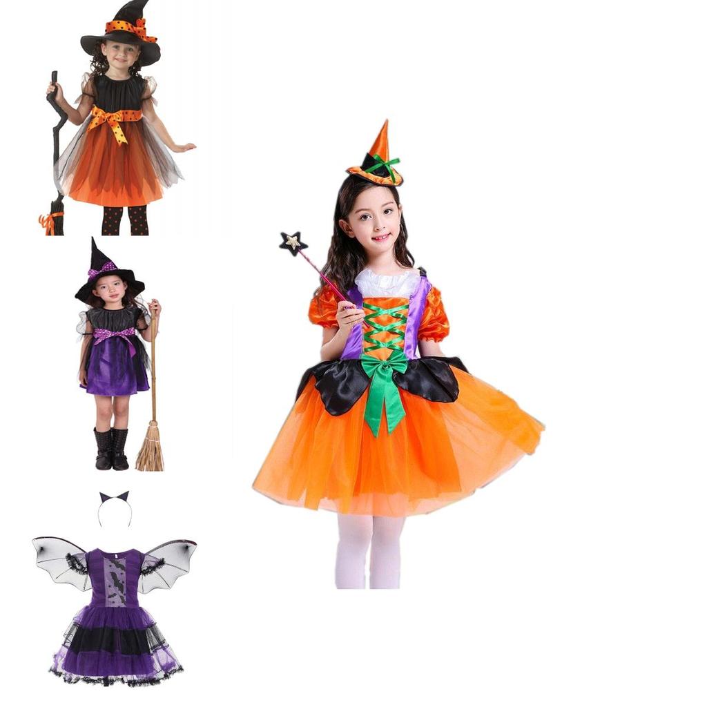 Adorable Children Halloween Witch Costume Gown For Girls With Stylish Bow Design