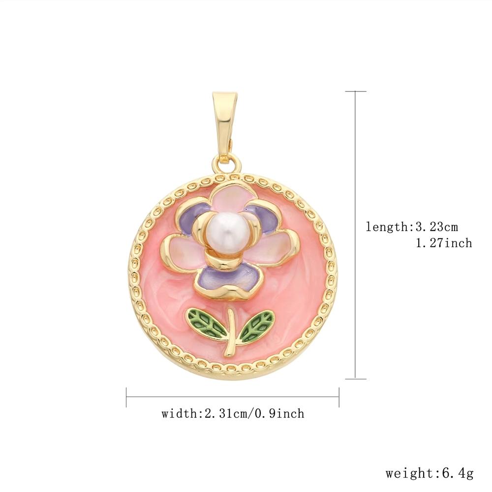 14K Gold Plated Brass Jewelry Floral Enamel Pearl Pendant Vintage Flower Round Charm for Women Fashion Accessory 