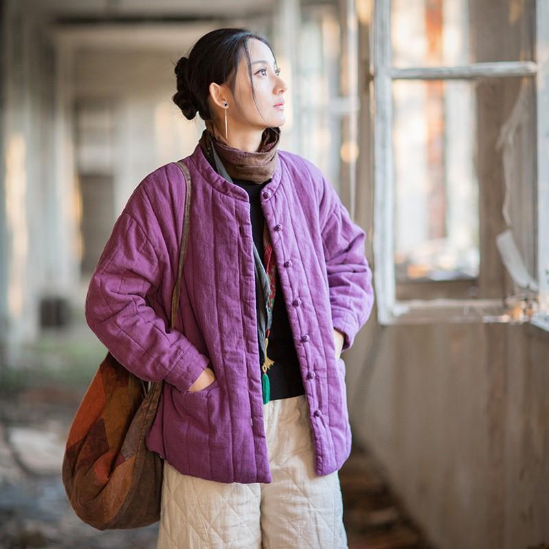 Johnature Women Vintage Winter Stand Long Sleeve Solid Color Coats Button Warm Coats