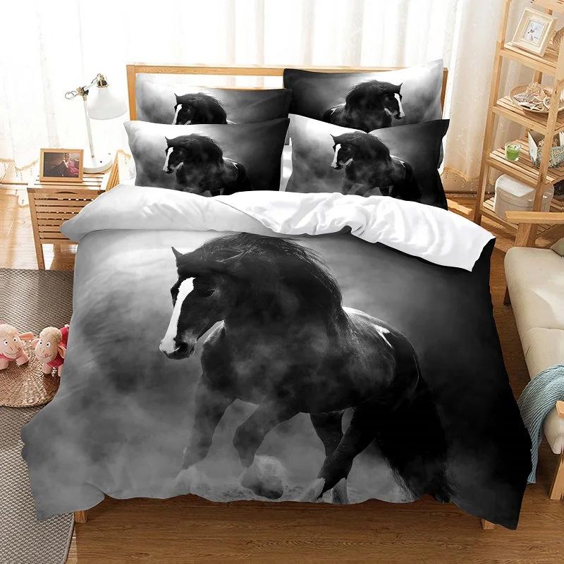 Horse Pattern 3D Digital Printing Three-piece Set, Polished Duvet Set, Animal Single Bedding