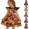Girls Halloween Dress Flutter Sleeve Dress with Pumpkin Ghost Candle Print Spliced Design Kids Party Dress Toddler Costume Dress